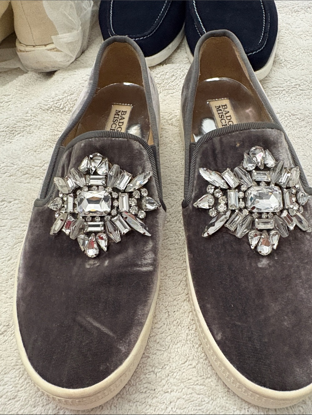 Badgley Mischka Gray Velvet Crystal-Embellished Slip-Ons